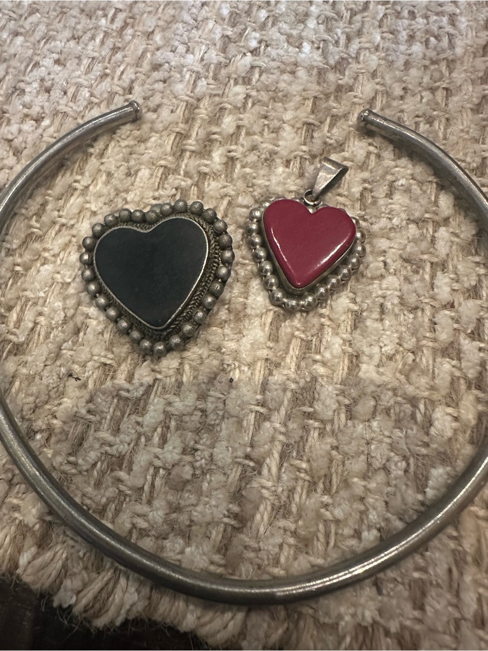 Sterling Heart Pendant and Brooch Set in Black and Deep Red